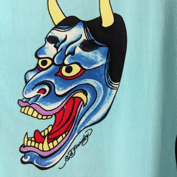 ED HARDY Oni Mask Devil Face Camp Shirt Button Down Short Sleeve Shirt - Picture 7 of 10